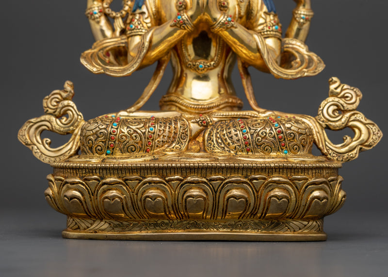 Tibetan Buddha Chenrezig Statue | 13.6 Inches 24K Gold Gilded Compassion Deity