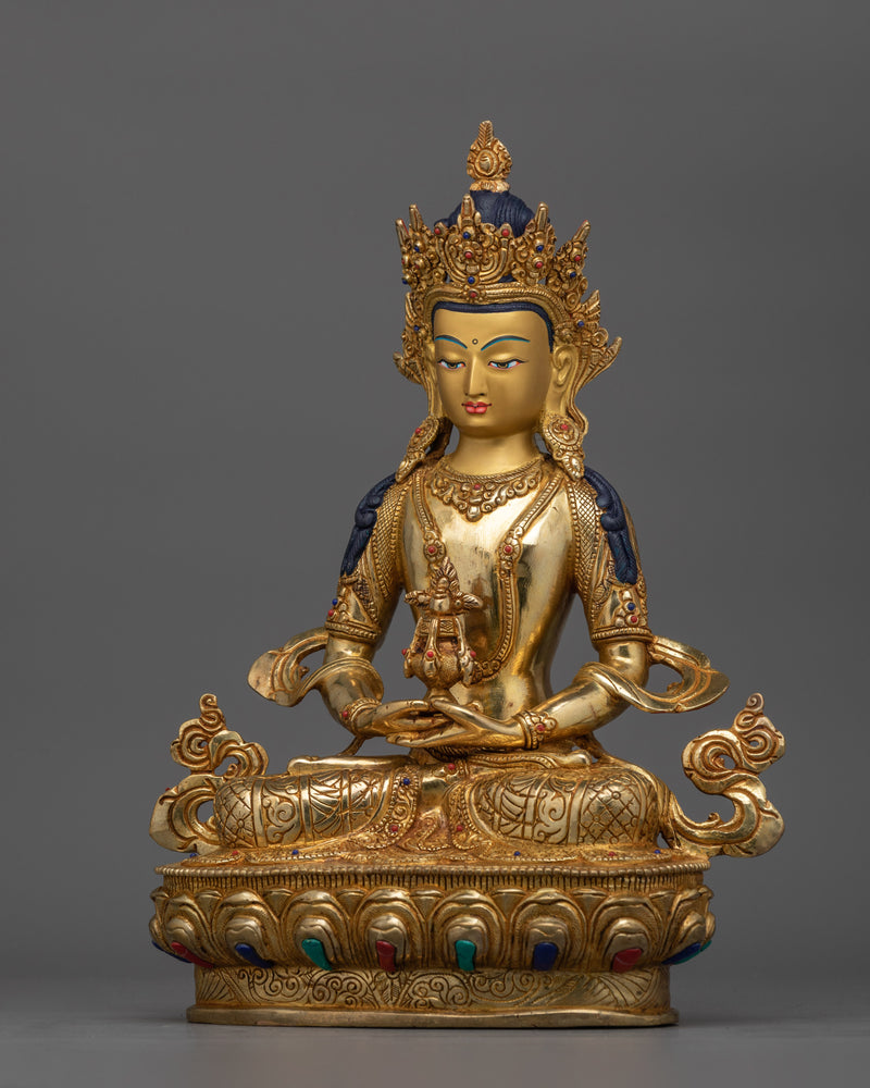 Gold Gilded Amitayus Statue for Shrine | Radiant 24K Gold Buddhist Sculpture