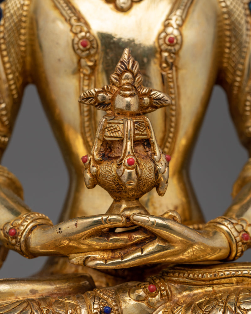 Gold Gilded Amitayus Statue for Shrine | Radiant 24K Gold Buddhist Sculpture