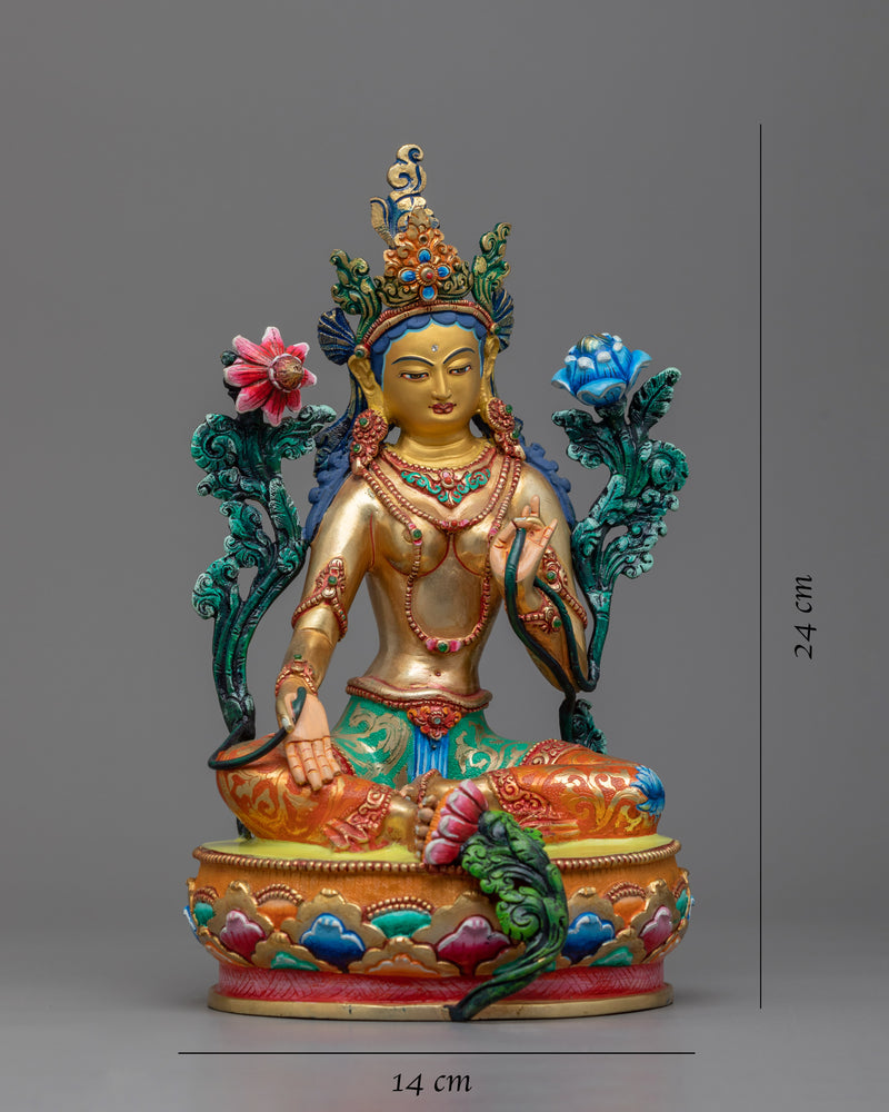 Evoke Compassionate Energy with Deity Tara Statue | Green Tara Gold Gilded Sculpture