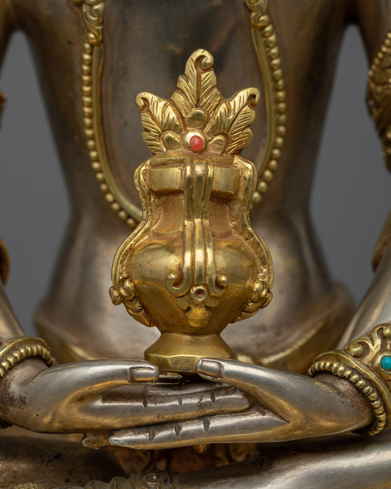 Amitayus Tibetan Buddha Statue |  Longevity and Wisdom in Silver and Gold