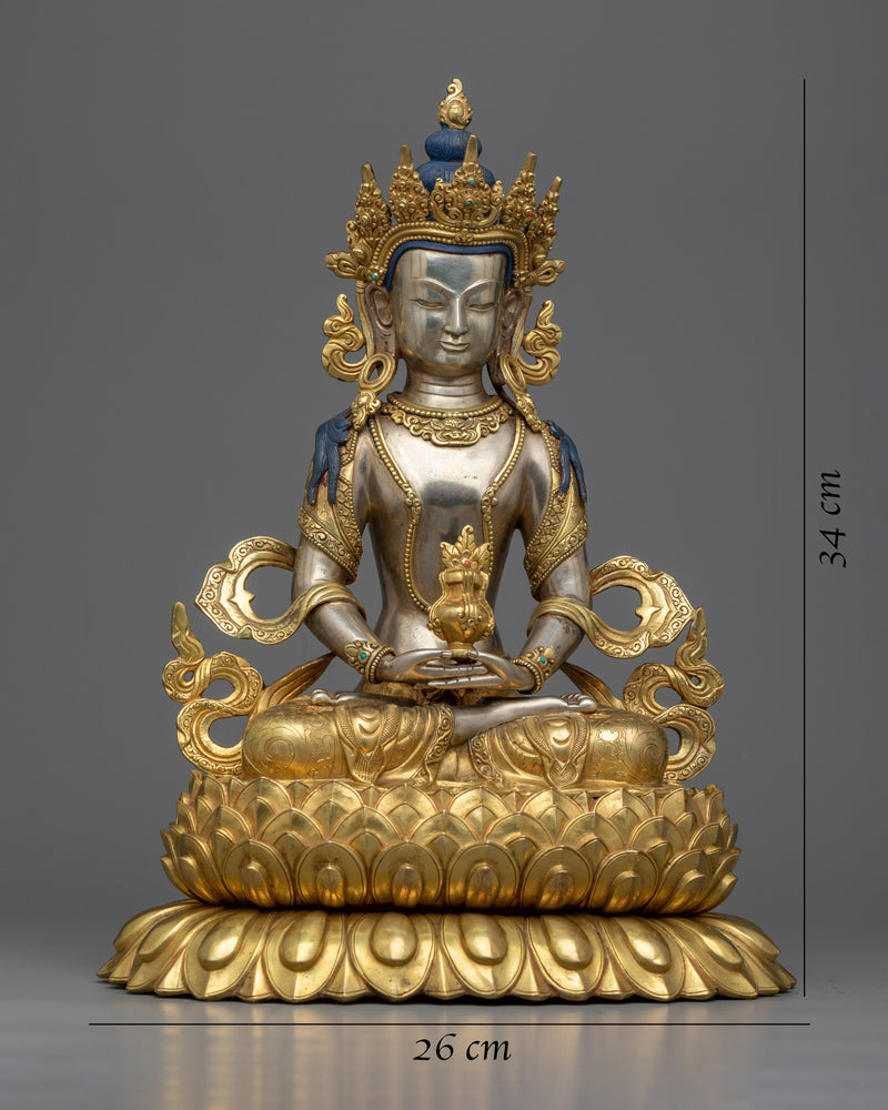 Amitayus Tibetan Buddha Statue |  Longevity and Wisdom in Silver and Gold