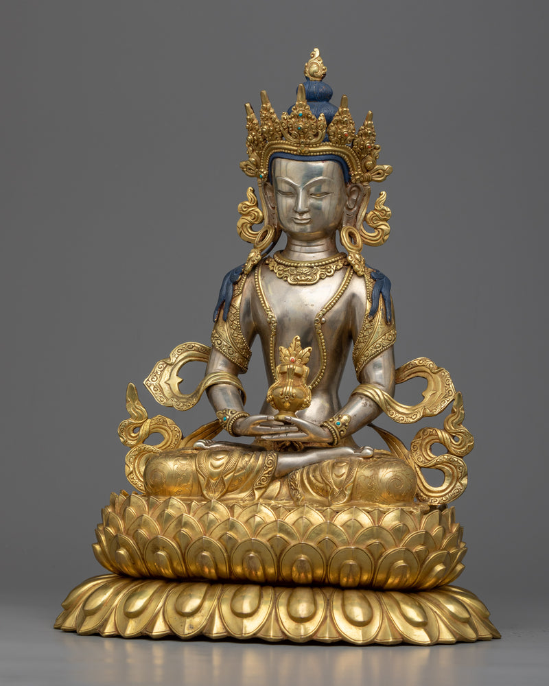 Amitayus Tibetan Buddha Statue |  Longevity and Wisdom in Silver and Gold