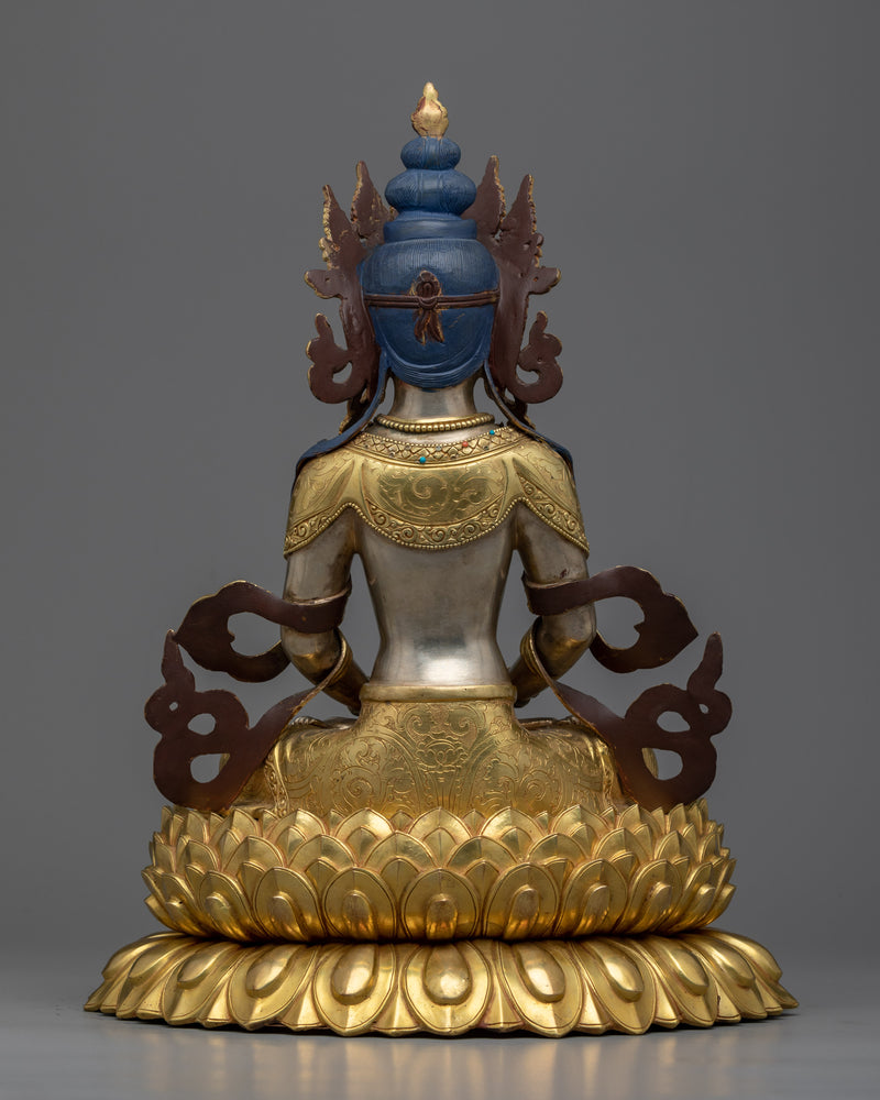 Amitayus Tibetan Buddha Statue |  Longevity and Wisdom in Silver and Gold