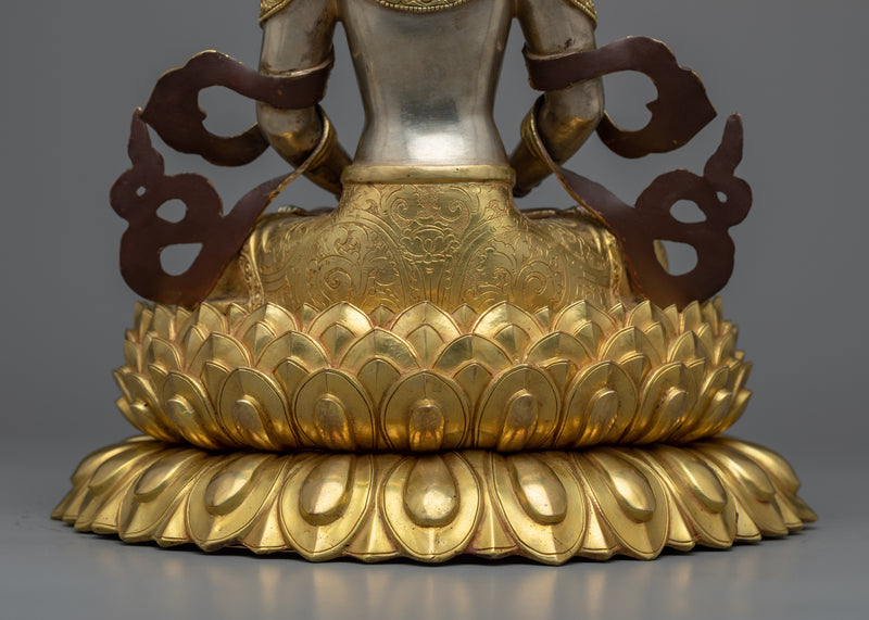 Amitayus Tibetan Buddha Statue |  Longevity and Wisdom in Silver and Gold