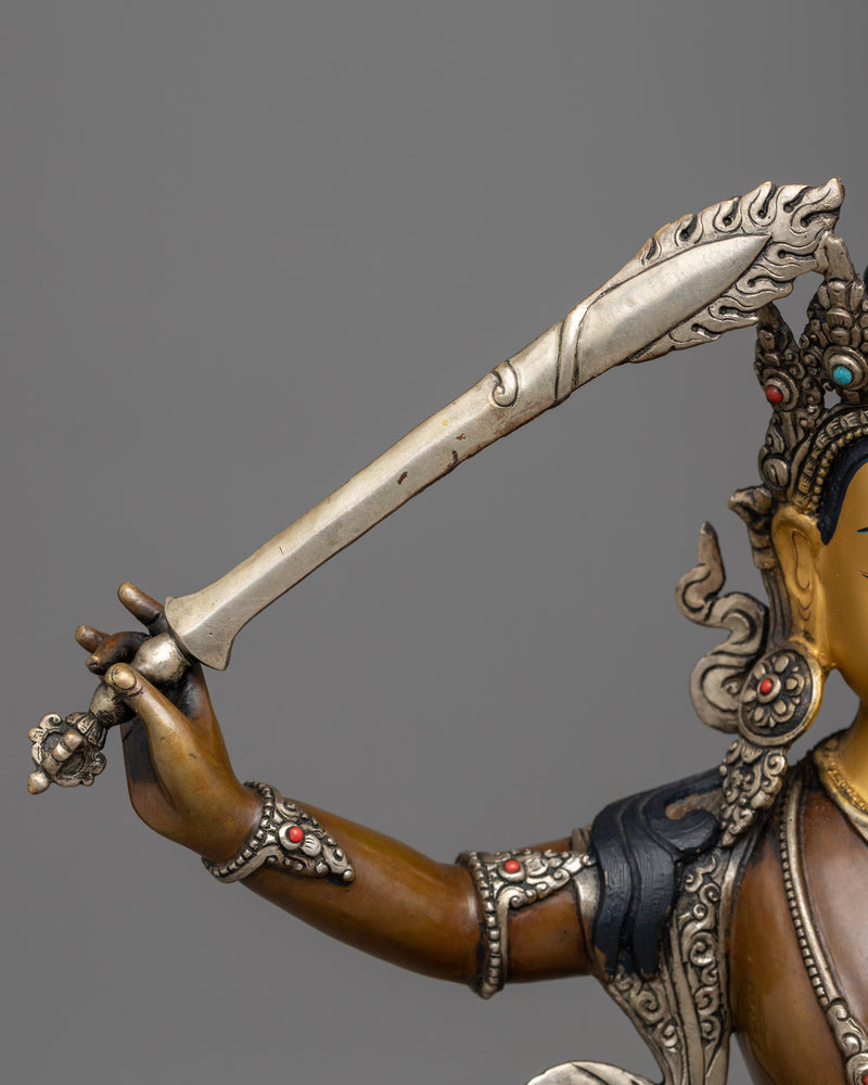 Manjushree Oxidized Statue | 24K Gold Painted Sculpture