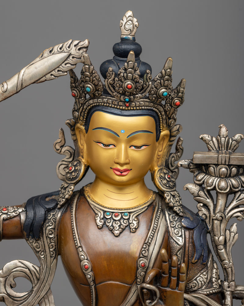 Manjushree Oxidized Statue | 24K Gold Painted Sculpture