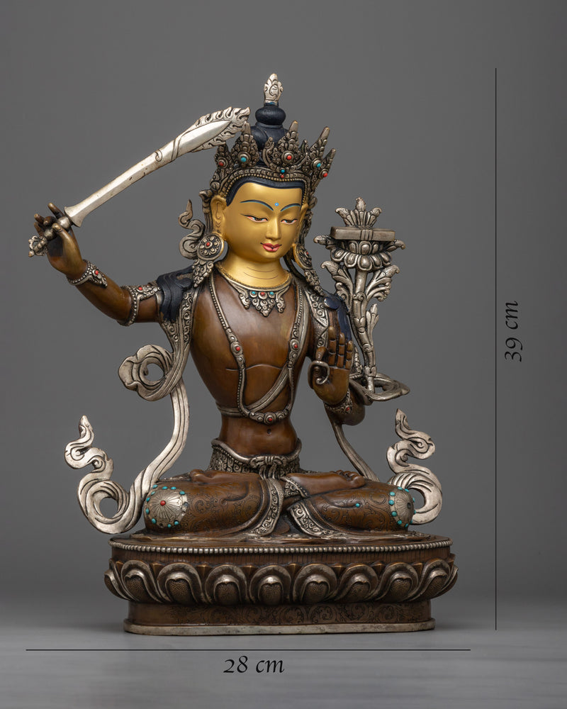 Manjushree Oxidized Statue | 24K Gold Painted Sculpture