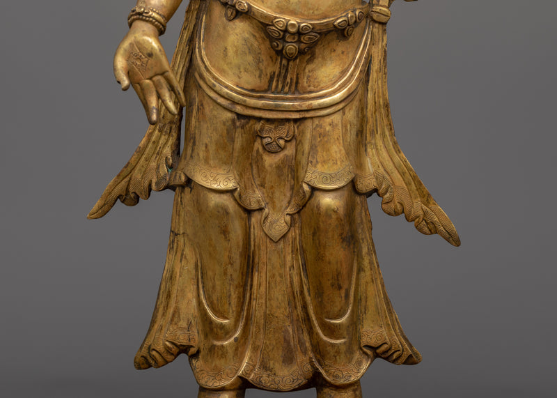 Standing Green Tara Statue | A Harmony of Antique Finish and Gold Gilding