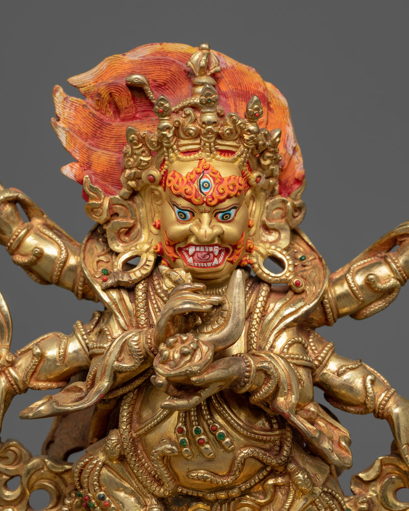 Handcrafted Six Armed Mahakala Copper Figurine | Divine Protector