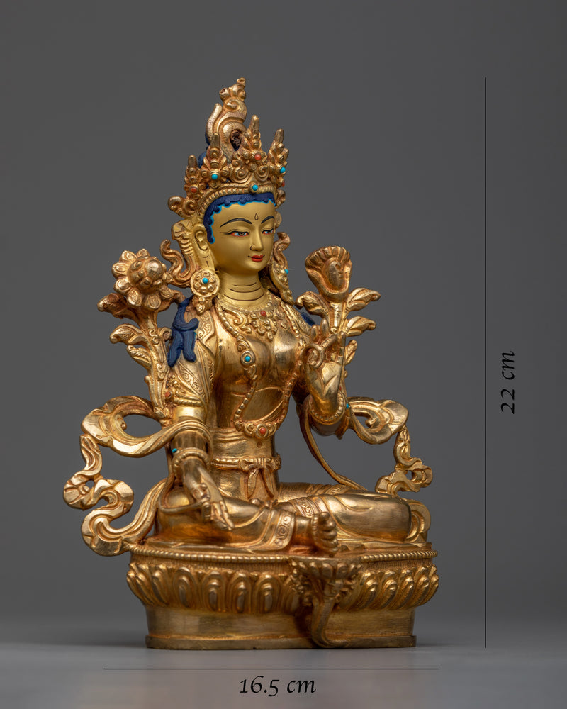 Green Tara Statue in Gold | Enlightened Female Buddha