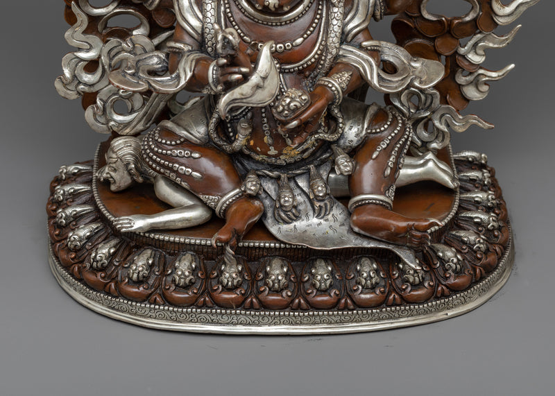 Silver Plated Four Armed Mahakala Statue | Wrathful Protector Deity