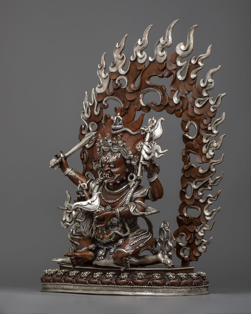 Silver Plated Four Armed Mahakala Statue | Wrathful Protector Deity