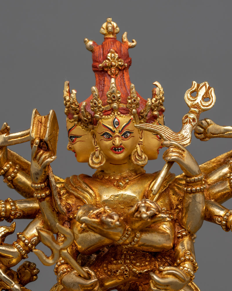 Twelve-Armed Chakrasamvara Statue | 24k Gold Sculpture with His Consort Vajravarahi