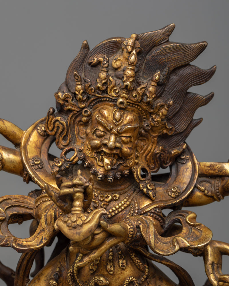 Six Armed Mahakala Antique Finish Statue | Handmade 24k Gold Gilded Artwork