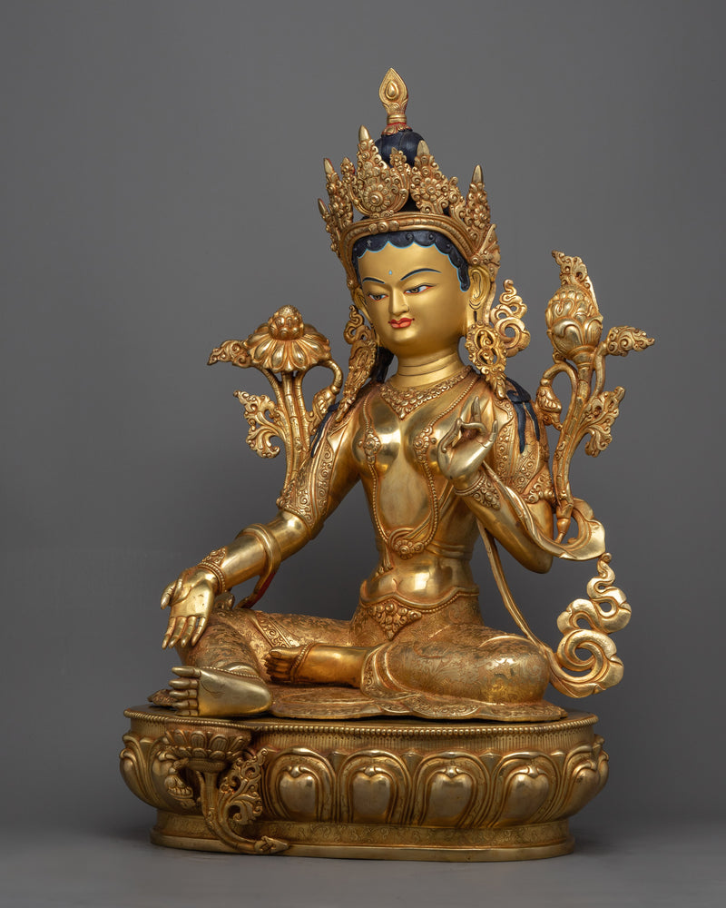 Large Green Tara Statue | Handmade 24k Gold Gilded Artwork