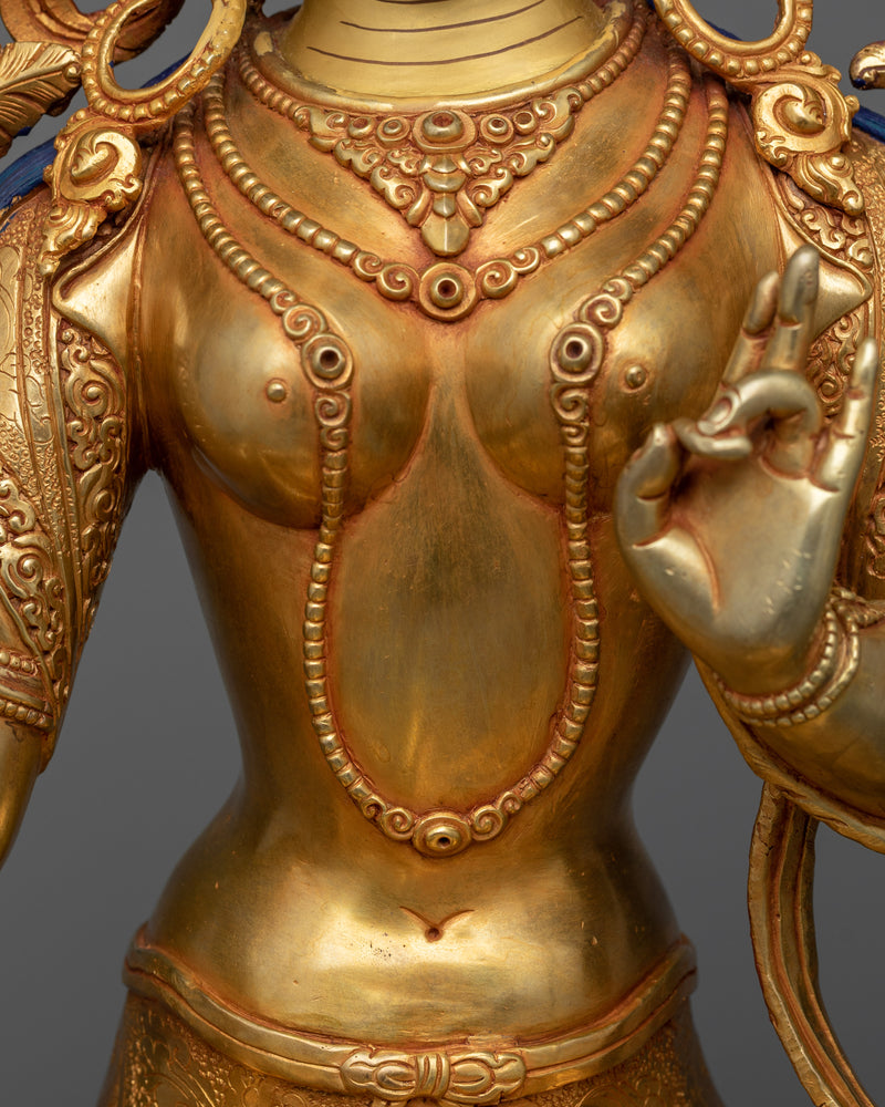 Handcrafted Green Tara Statue | 24k Gold Gilded 18.8" Sculpture