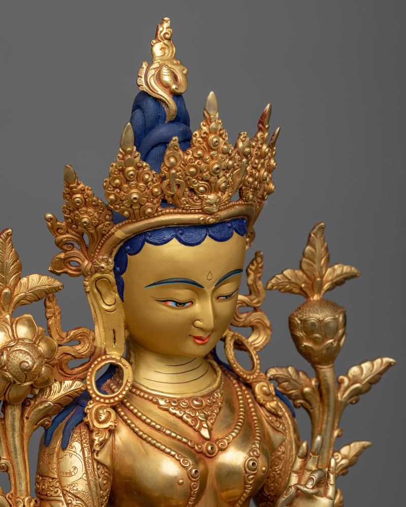 Handcrafted Green Tara Statue | 24k Gold Gilded 18.8" Sculpture