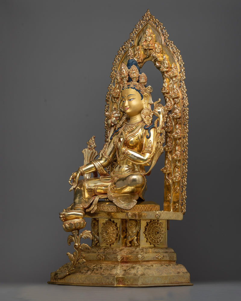 Green Tara on Throne Statue | Hand-Carved Buddhist Sculpture