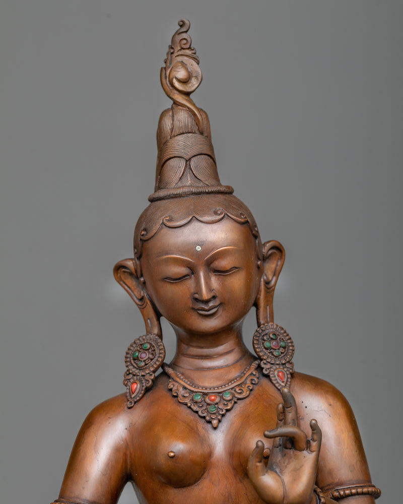 Green Tara on Throne Statue | Handmade Copper Body Sculpture