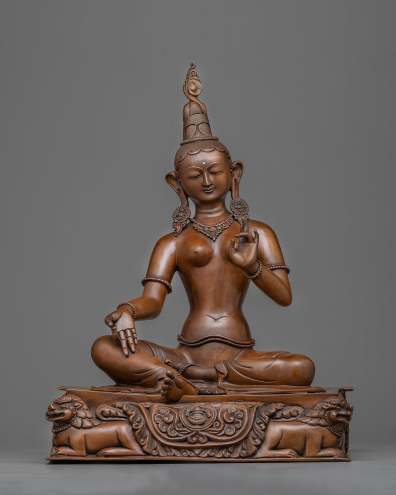 Green Tara on Throne Statue | Handmade Copper Body Sculpture