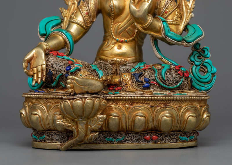 Green Tara Buddhist Goddess Serene Sculpture | 24K Gold Gilded Elegance for Shrine