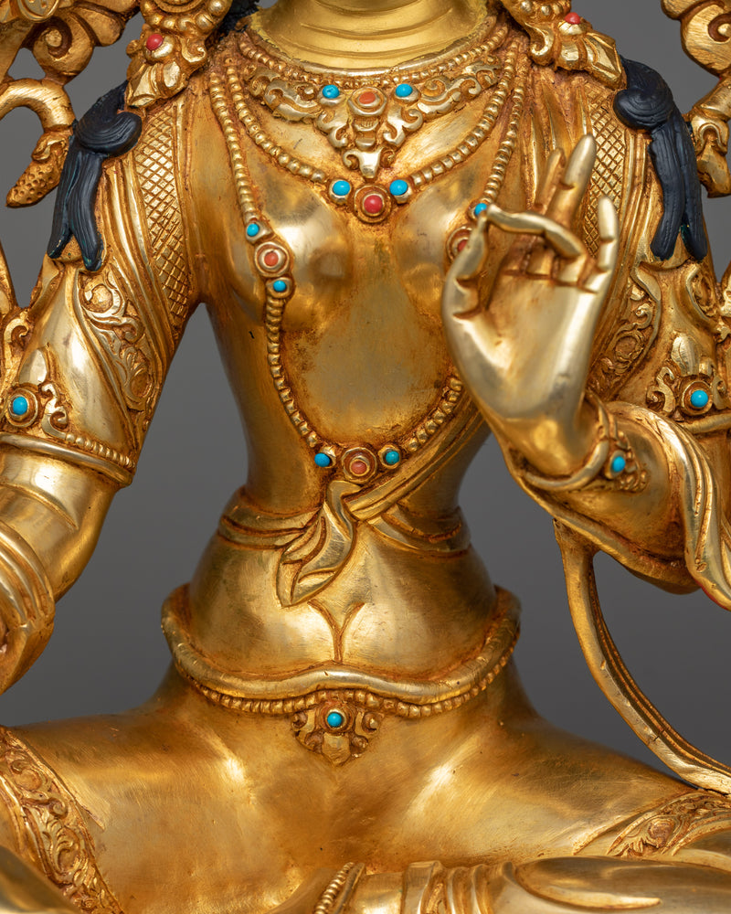 Goddess Green Tara Buddhism Statue | 24K Gold Radiance for Spiritual Grace