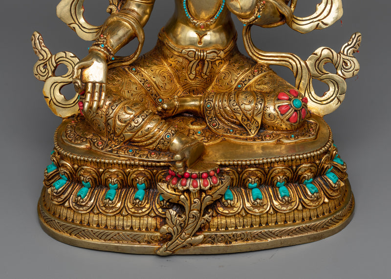 Enchanting Tibetan Green Tara Statue | 24K Gold Gilded Copper Sculpture