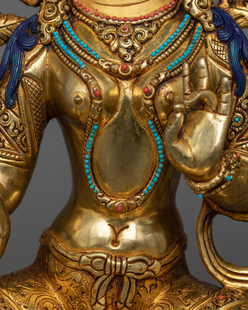 Enchanting Tibetan Green Tara Statue | 24K Gold Gilded Copper Sculpture