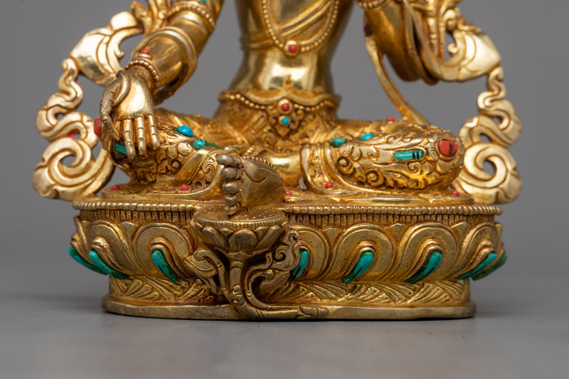 Green Tara Guru Sculpture | 24K Gold Gilded | Symbol of Protection