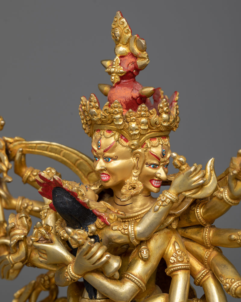 Majestic 12-Armed Chakrasamvara Copper Statue | 24K Gold Gilded Sculpture