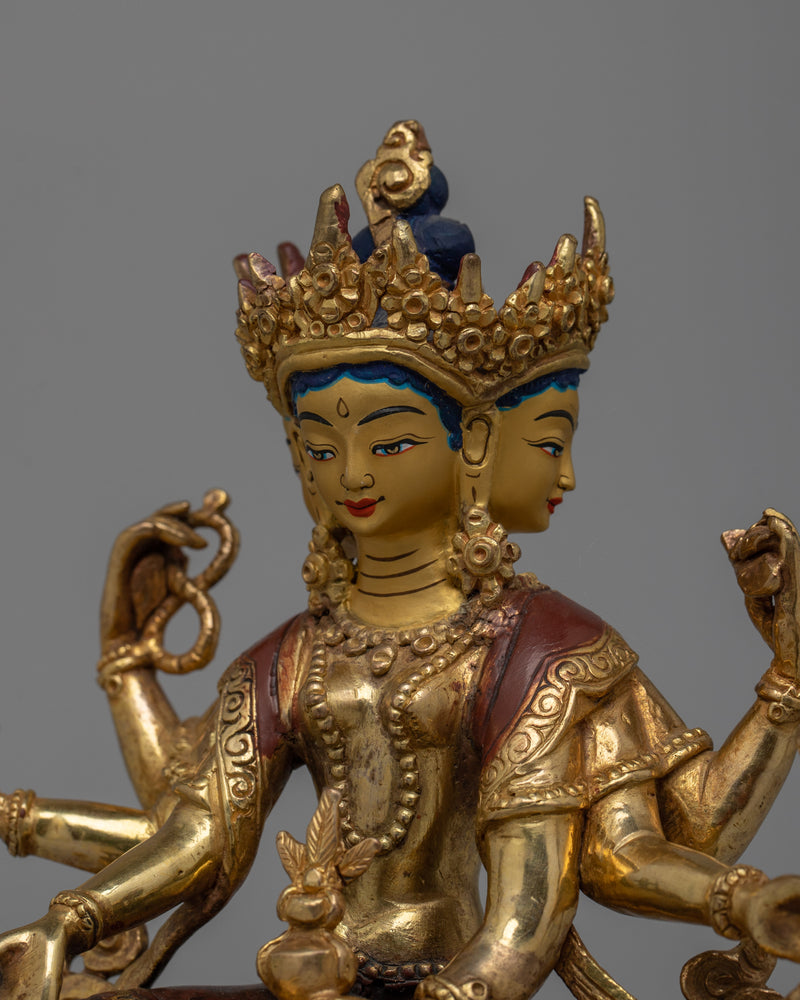 Six-Armed Vasudhara in Oxidized Copper | 24K Gold Gilded Statue From Nepal