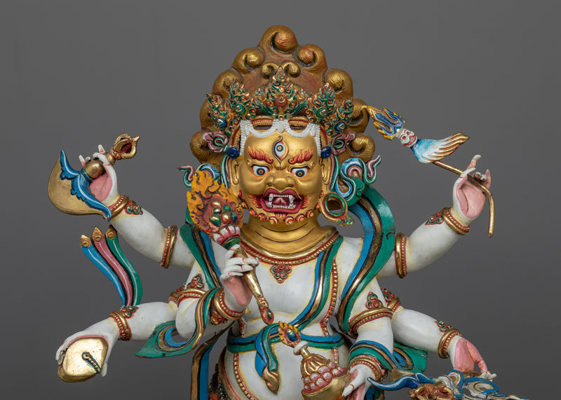 White Six-Armed Mahakala Statue in 24K Gold | A Potent Protector in Vajrayana Buddhism