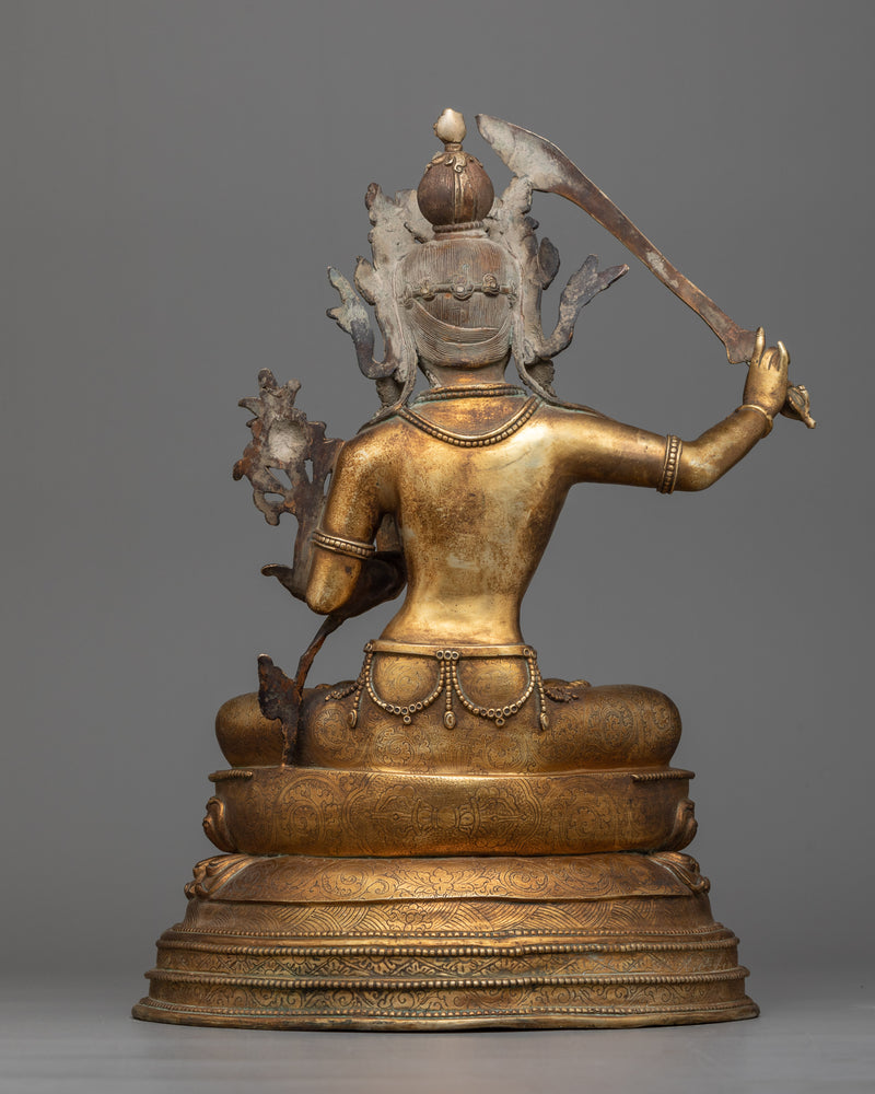 Manjushri Antique Finished Statue in 24K Gold | Embodiment of Transcendent Wisdom