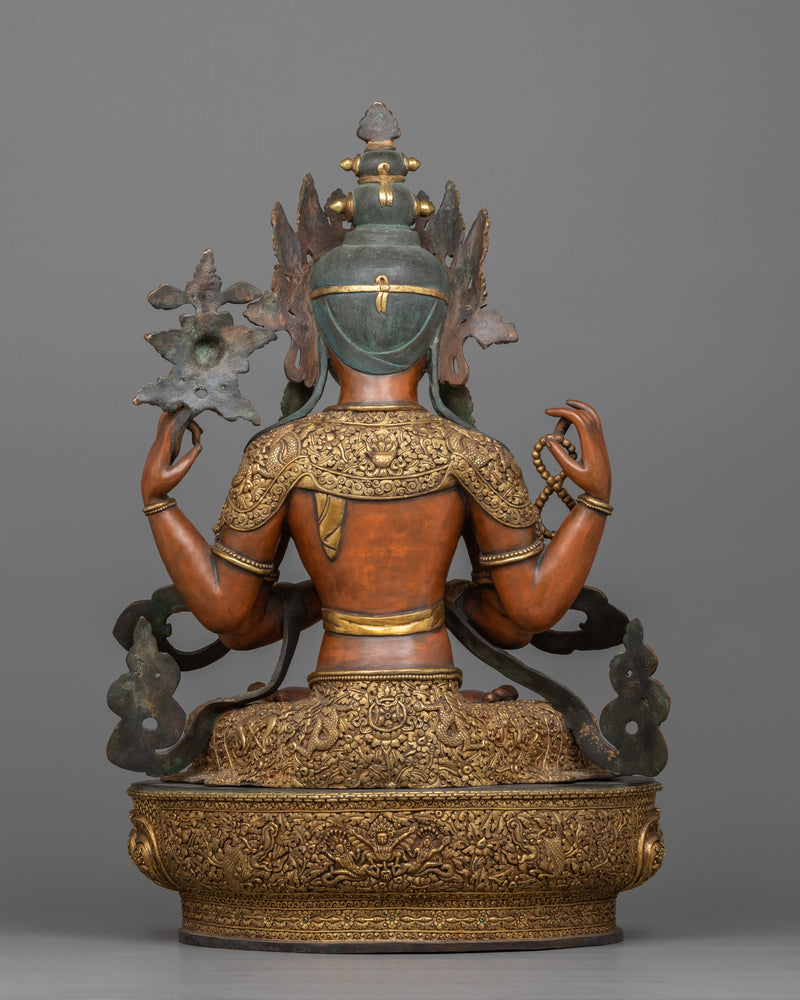 Antique-Finished Red Chenrezig Statue | Himalayan Buddhist Sculpture