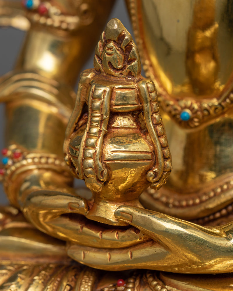 Longlife Buddha Amitayus Statue in Radiant 24K Gold | Traditionally Hand-carved Art