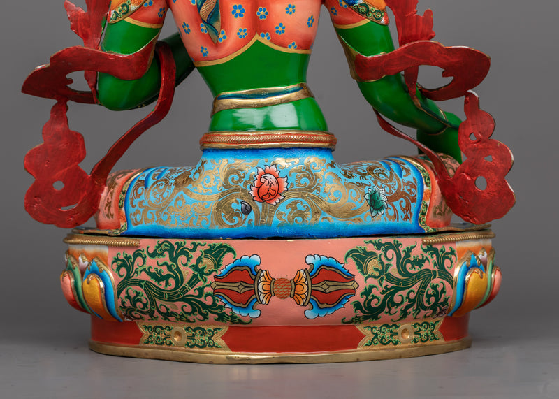 Green Tara Painted Statue | A Majestic Portrait in 24K Gold and Vivid Hues