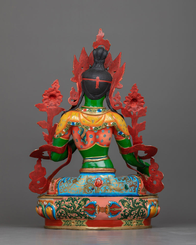 Green Tara Painted Statue | A Majestic Portrait in 24K Gold and Vivid Hues