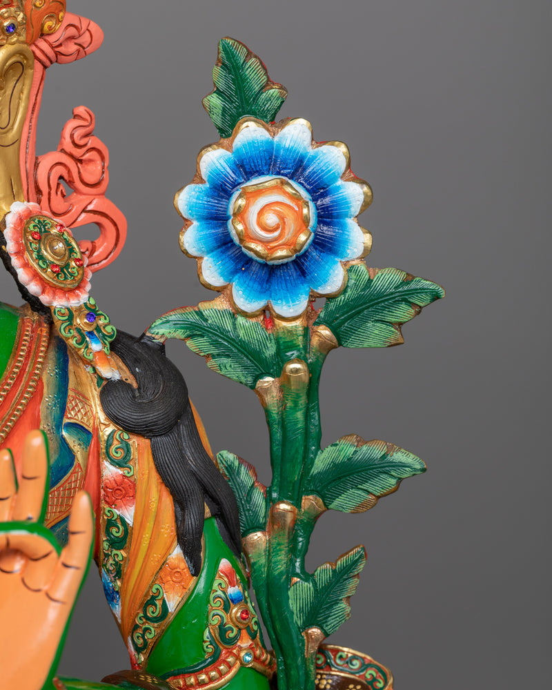 Green Tara Painted Statue | A Majestic Portrait in 24K Gold and Vivid Hues