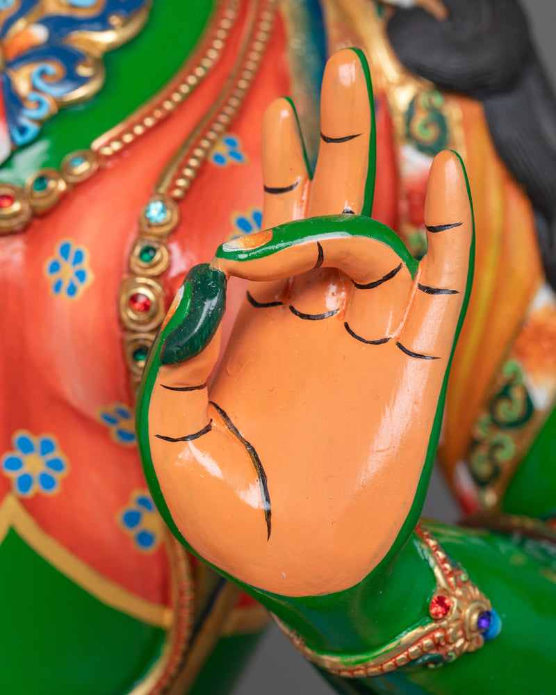 Green Tara Painted Statue | A Majestic Portrait in 24K Gold and Vivid Hues