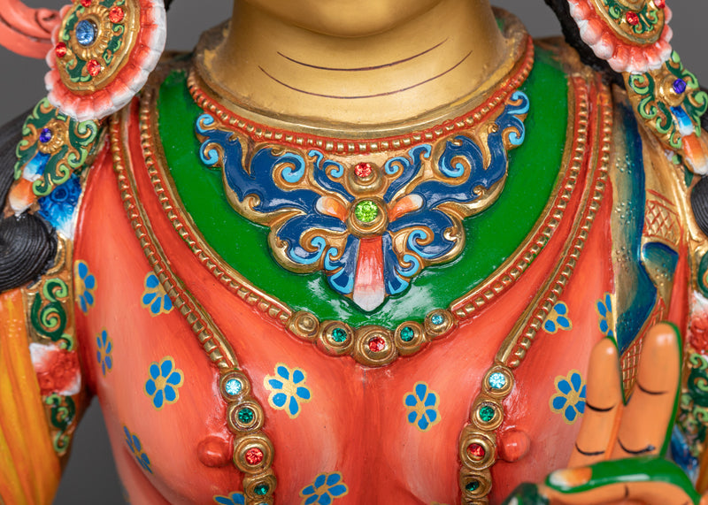 Green Tara Painted Statue | A Majestic Portrait in 24K Gold and Vivid Hues