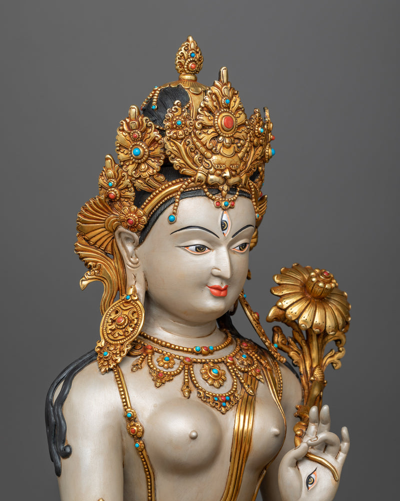 Divine White Tara Painted Sculpture | Antique Gold Gilded Radiance