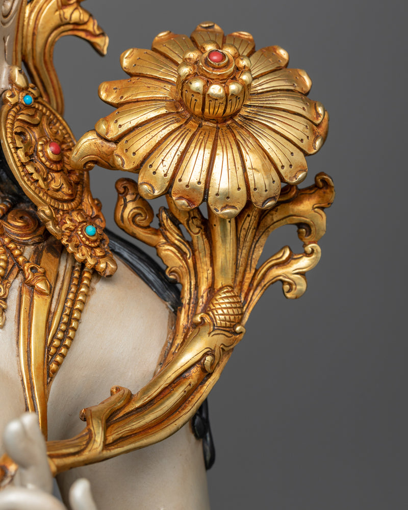 Divine White Tara Painted Sculpture | Antique Gold Gilded Radiance