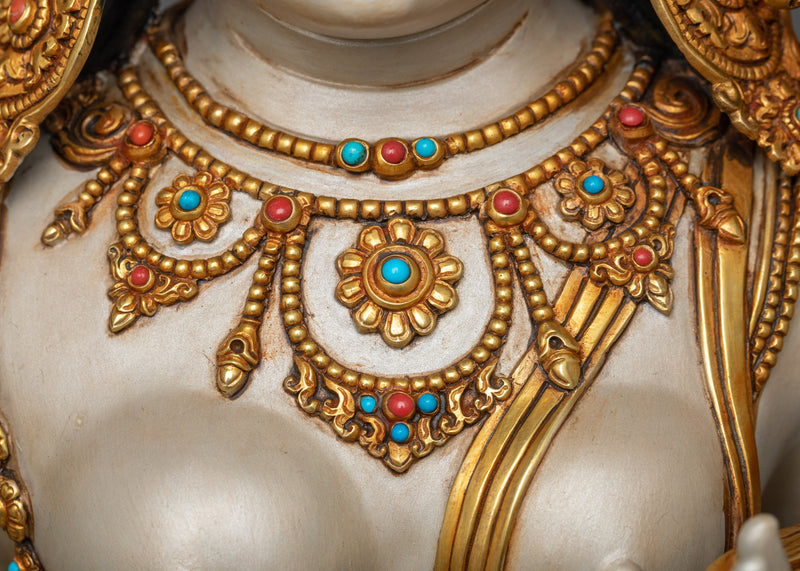 Divine White Tara Painted Sculpture | Antique Gold Gilded Radiance