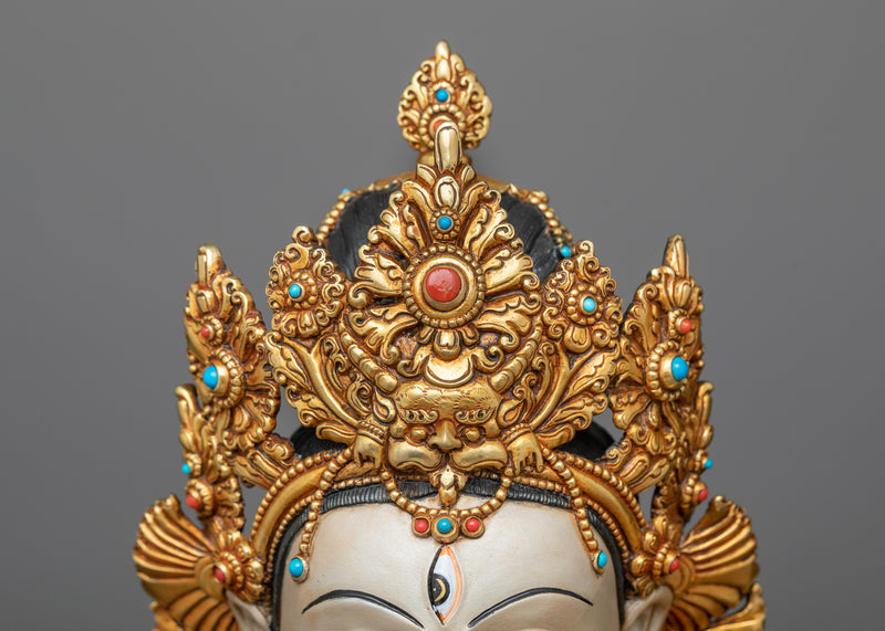 Divine White Tara Painted Sculpture | Antique Gold Gilded Radiance