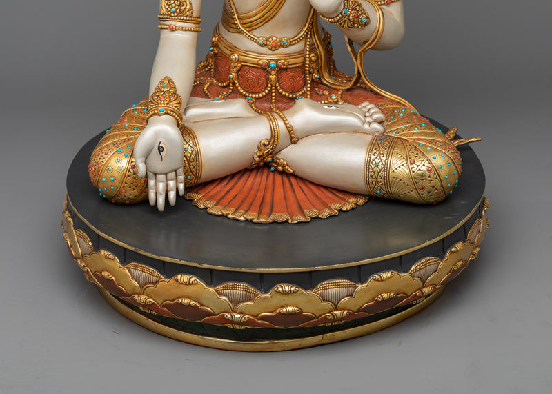 Divine White Tara Painted Sculpture | Antique Gold Gilded Radiance