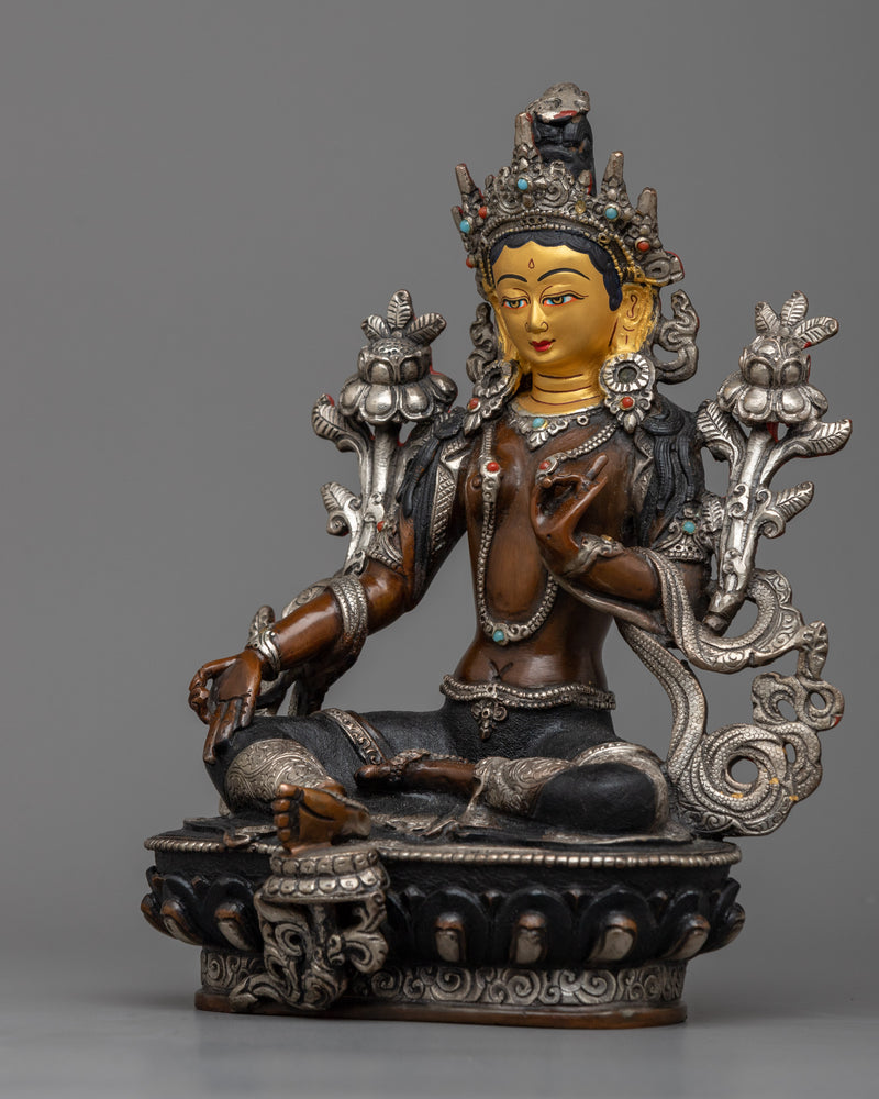 Serene Green Tara Statue | Silver-Plated Embellishment