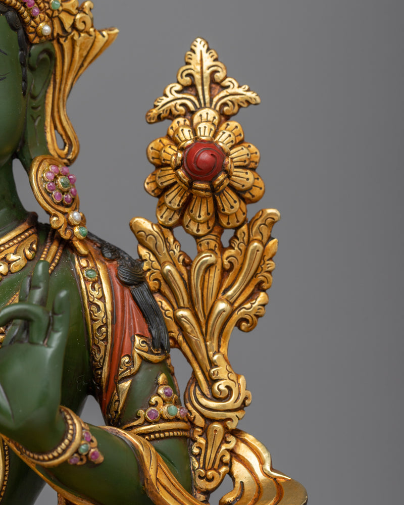 Beautiful Green Tara Statue | 24K Gold Gilded Expression of Compassion