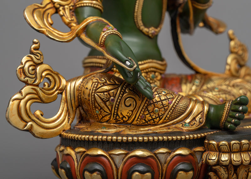 Beautiful Green Tara Statue | 24K Gold Gilded Expression of Compassion