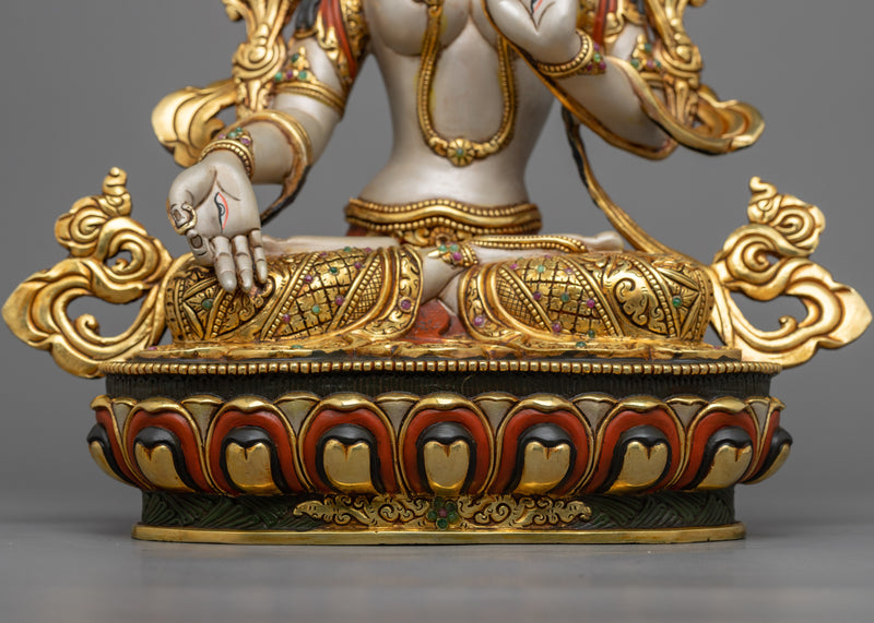 Beautiful White Tara Statue | 24K Gold Gilded Emblem of Serenity